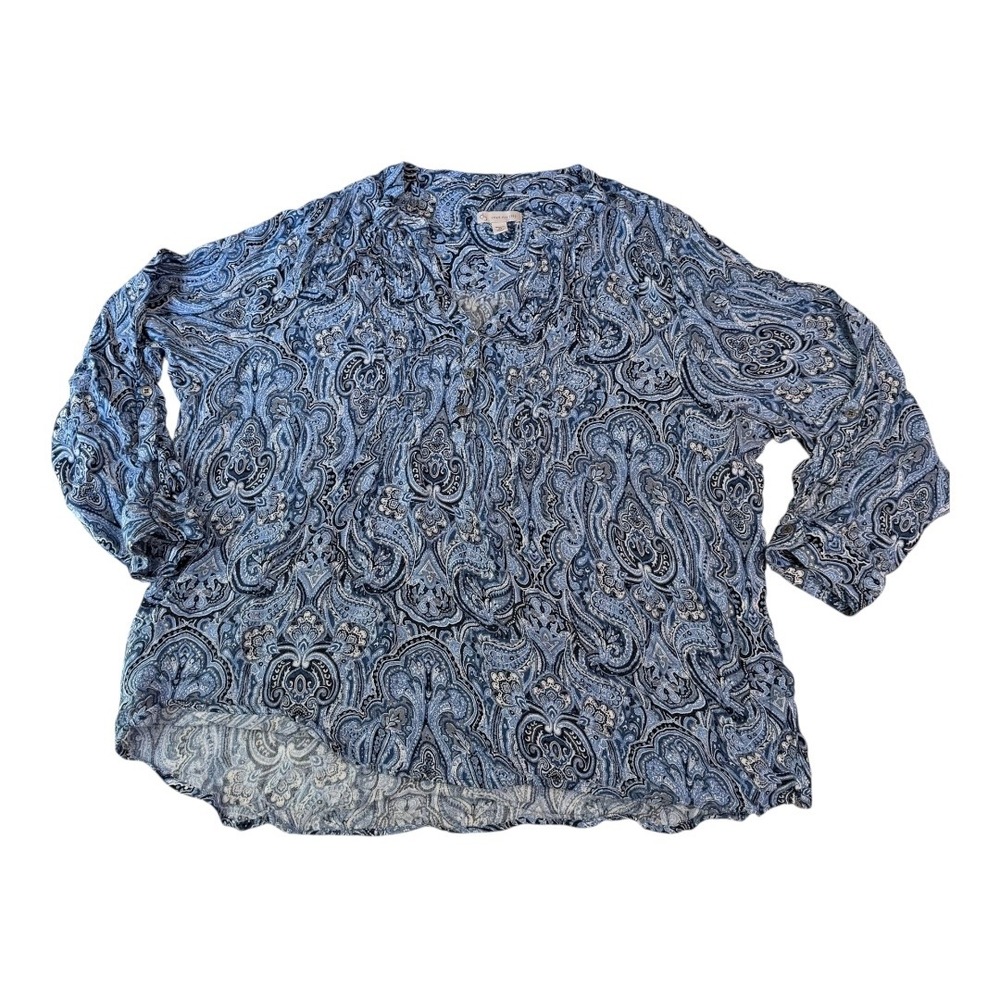Boho plus size C.J. Banks Blouse Relaxed 3X Blue Paisley Rayon Roll Tab Sleeve